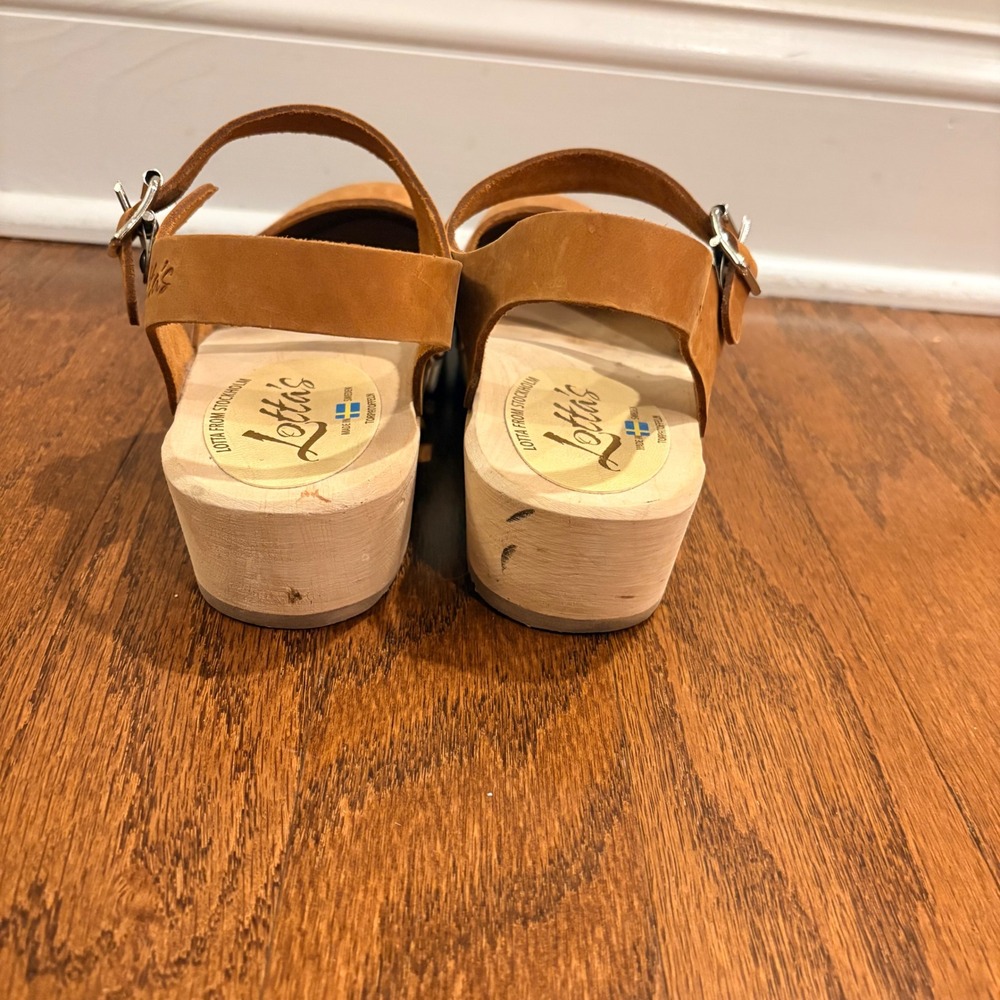 Lotta from Stockholm Swedish Low Wood Clog Sandals Tan Leather Heels Size 40 - Picture 5 of 11